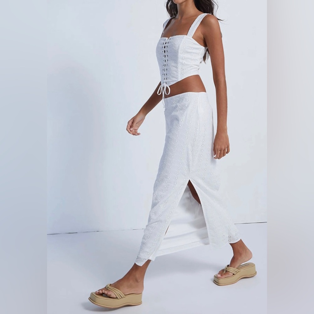 Kendall & Kylie Lace Up Eyelet Corset Top and Skirt Set